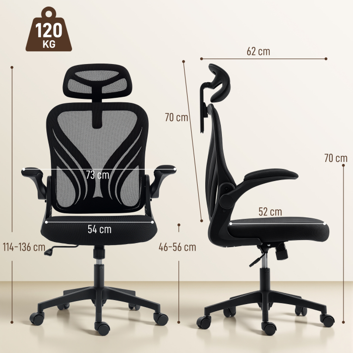  Scaun de Birou Ergonomic cu Brate Rabatabile, Suport Lombar si Tetiera Reglabila, Negru [3]