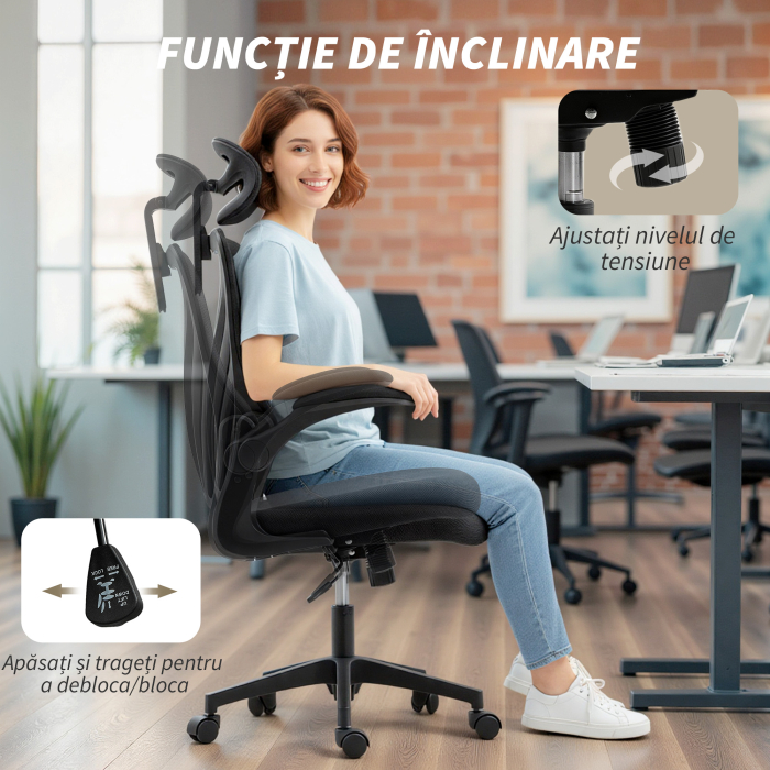  Scaun de Birou Ergonomic cu Brate Rabatabile, Suport Lombar si Tetiera Reglabila, Negru [8]