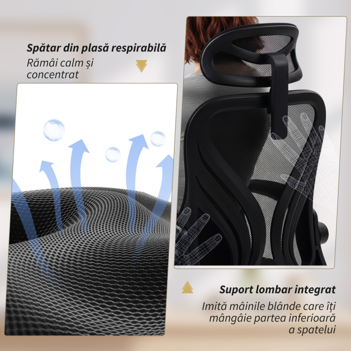  Scaun de Birou Ergonomic cu Brate Rabatabile, Suport Lombar si Tetiera Reglabila, Negru [5]