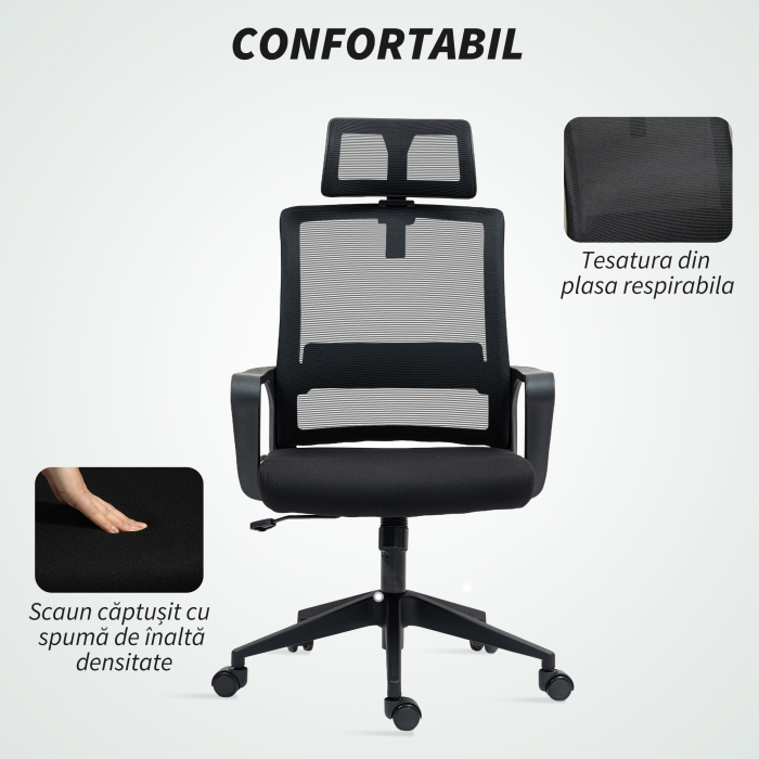  Scaun de Birou Ergonomic cu Tetiera, inaltime Reglabila si Functie de Balansare, 60x64x102-112 cm, Negru [7]