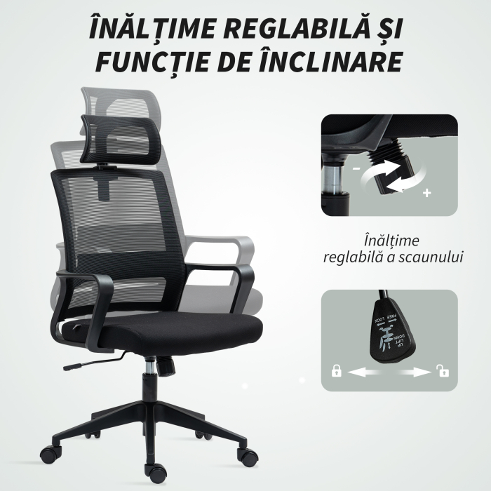  Scaun de Birou Ergonomic cu Tetiera, inaltime Reglabila si Functie de Balansare, 60x64x102-112 cm, Negru [6]