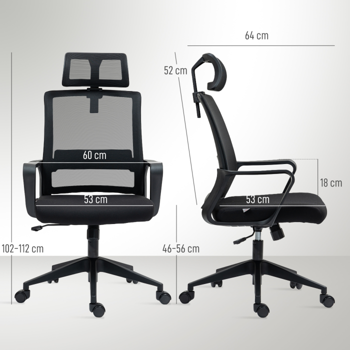  Scaun de Birou Ergonomic cu Tetiera, inaltime Reglabila si Functie de Balansare, 60x64x102-112 cm, Negru [3]
