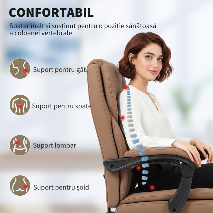  Scaun de Birou Ergonomic Reclinabil 140° cu Suport pentru Picioare si Perna, Scaun de Birou din Piele Ecologica Rezistenta, Usor de Curatat, Cotiere Captusite, Rotativ si Reglabil pe inaltime, Maro [4]