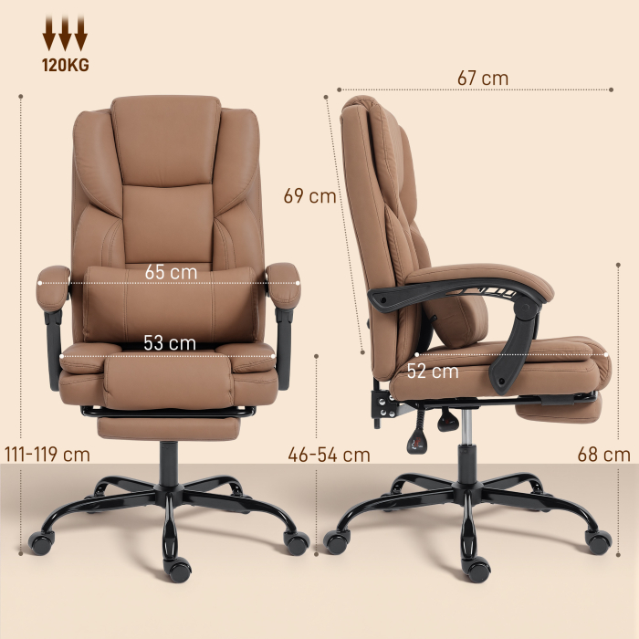  Scaun de Birou Ergonomic Reclinabil 140° cu Suport pentru Picioare si Perna, Scaun de Birou din Piele Ecologica Rezistenta, Usor de Curatat, Cotiere Captusite, Rotativ si Reglabil pe inaltime, Maro [3]