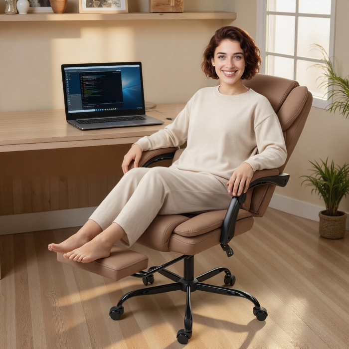  Scaun de Birou Ergonomic Reclinabil 140° cu Suport pentru Picioare si Perna, Scaun de Birou din Piele Ecologica Rezistenta, Usor de Curatat, Cotiere Captusite, Rotativ si Reglabil pe inaltime, Maro [9]