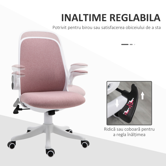  Scaun de Birou Ergonomic Reglabil pe inaltime, din Material cu Efect de Catifea, 62.5x60x94-104 cm, Alb si Roz [4]