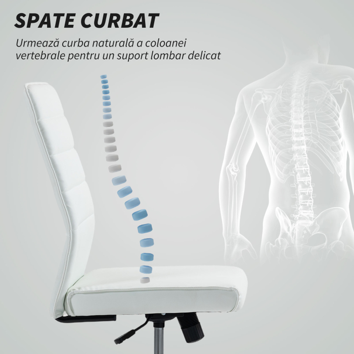  Scaun de Birou Ergonomic si Reglabil cu Spatar Curbat, din Piele PU si Otel, 58x53x97-107 cm, Alb [5]