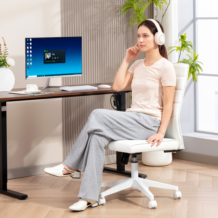  Scaun de Birou Ergonomic si Reglabil cu Spatar Curbat, din Piele PU si Otel, 58x53x97-107 cm, Alb [9]