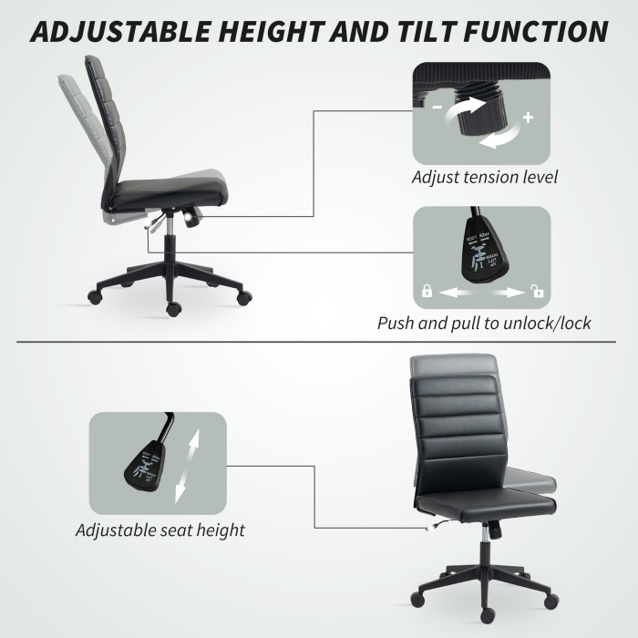  Scaun de Birou Ergonomic si Reglabil cu Spatar Curbat, din Piele PU si Otel, 58x53x97-107 cm, Negru [7]