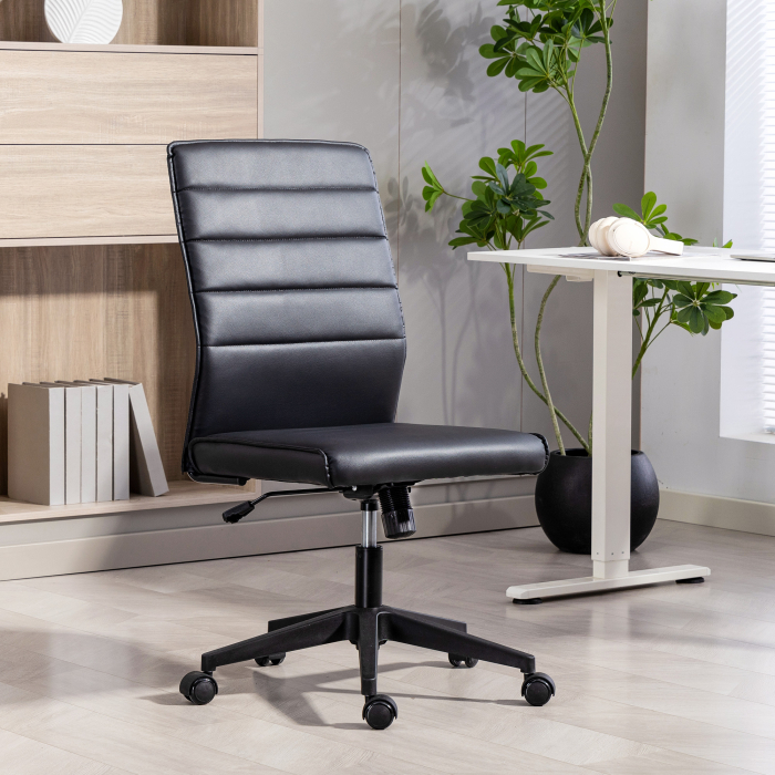  Scaun de Birou Ergonomic si Reglabil cu Spatar Curbat, din Piele PU si Otel, 58x53x97-107 cm, Negru [2]