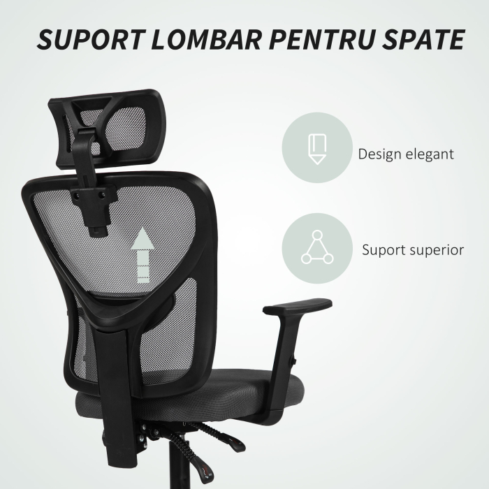  Scaun de birou ergonomic si reglabil cu suport lombar si tetiera, 66x61x106-116 cm, gri [8]