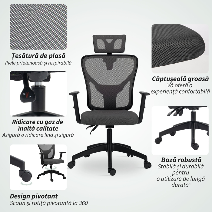  Scaun de birou ergonomic si reglabil cu suport lombar si tetiera, 66x61x106-116 cm, gri [5]