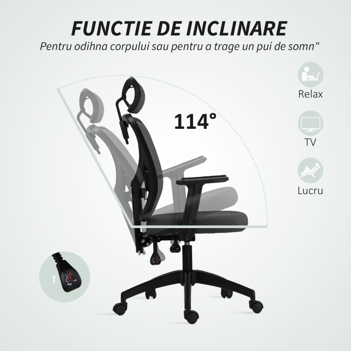 Scaun de birou ergonomic si reglabil cu suport lombar si tetiera, 66x61x106-116 cm, gri [6]
