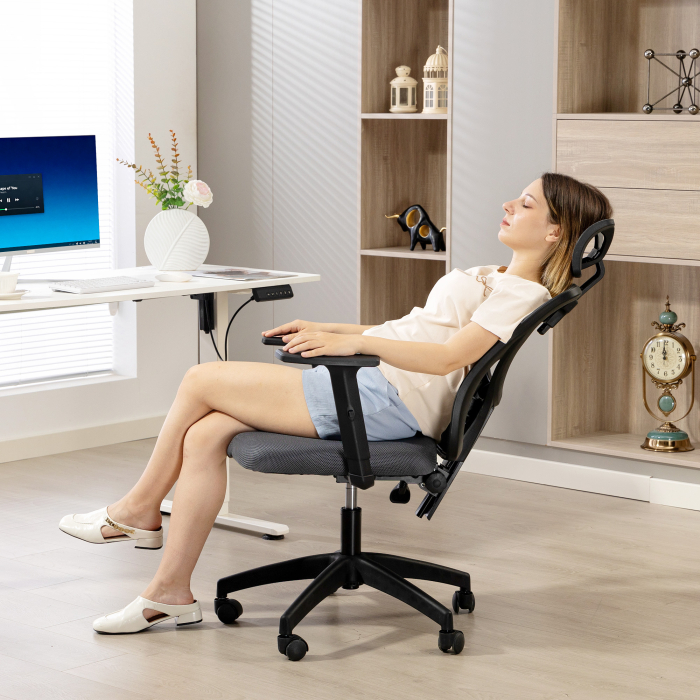  Scaun de birou ergonomic si reglabil cu suport lombar si tetiera, 66x61x106-116 cm, gri [9]