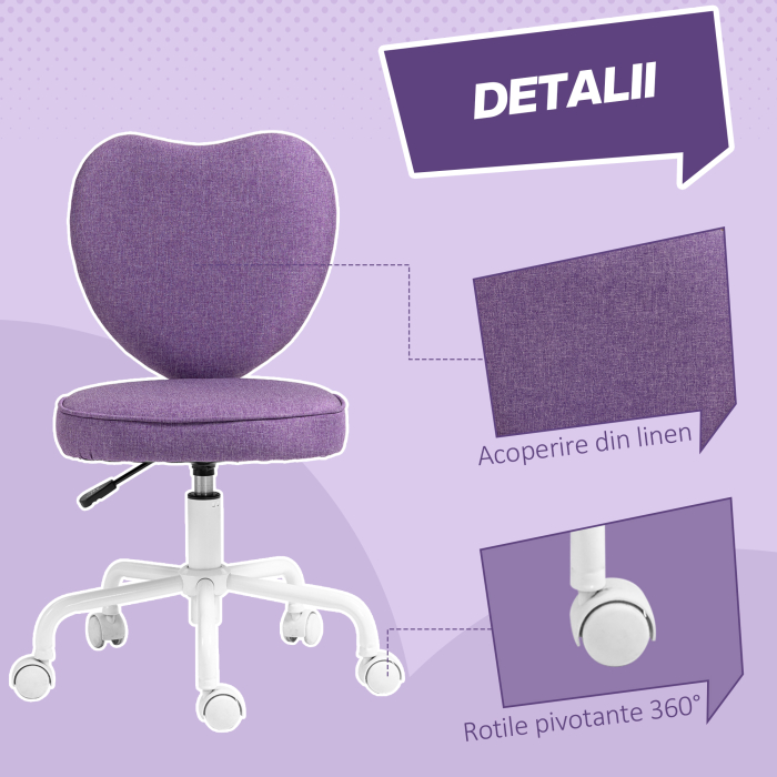  Scaun de Birou in Forma de Inima cu 5 Rotile Pivotante si inaltime Reglabila, 40x50x79-89 cm, Violet [6]
