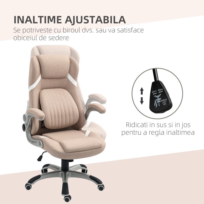  Scaun de Birou Rabatabil cu inaltime Reglabila, din Material Textil, 68x76x109-117 cm, Maro Deschis [4]