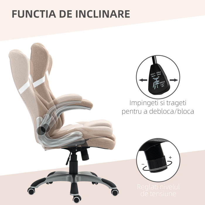  Scaun de Birou Rabatabil cu inaltime Reglabila, din Material Textil, 68x76x109-117 cm, Maro Deschis [5]