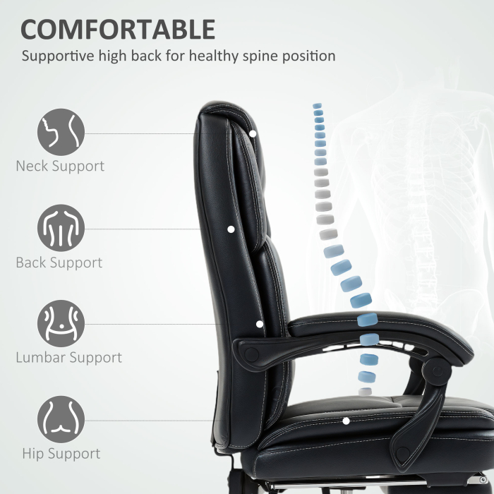  Scaun de birou rabatabil cu suport pentru picioare retractabil, din piele PU, capacitate de 120 kg, negru [5]