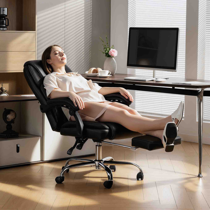  Scaun de birou rabatabil cu suport pentru picioare retractabil, din piele PU, capacitate de 120 kg, negru [9]