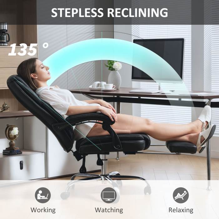  Scaun de birou rabatabil cu suport pentru picioare retractabil, din piele PU, capacitate de 120 kg, negru [7]