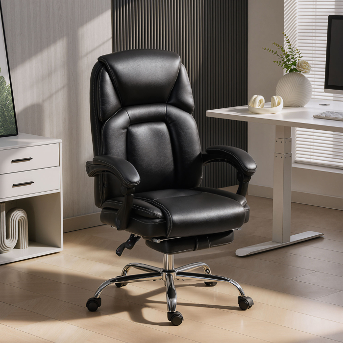  Scaun de birou rabatabil cu suport pentru picioare retractabil, din piele PU, capacitate de 120 kg, negru [2]