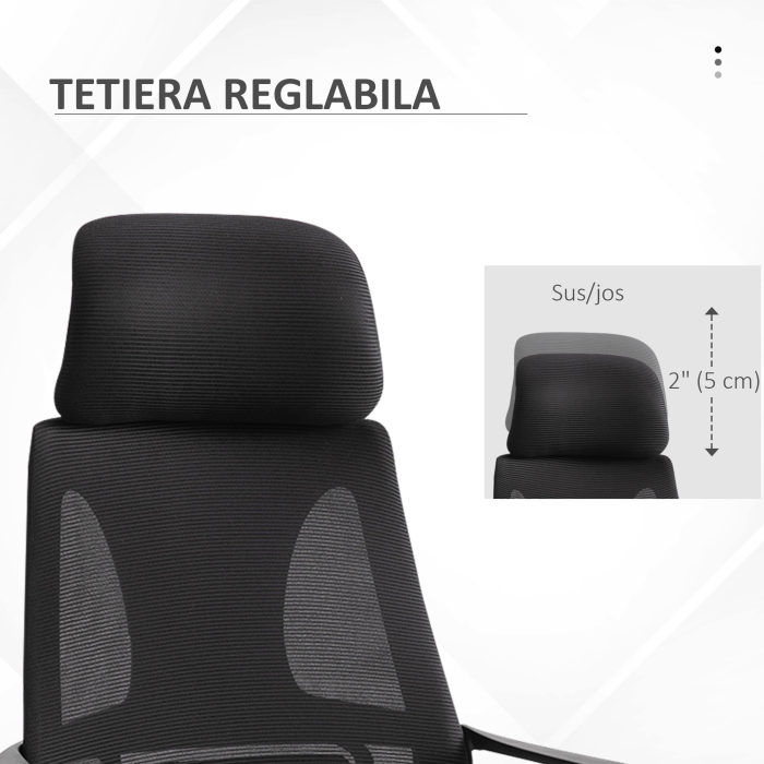  Scaun de Birou Rabatabil cu Tetiera si Suport Lombar, din Poliester, 64x55x116-126 cm, Negru [8]