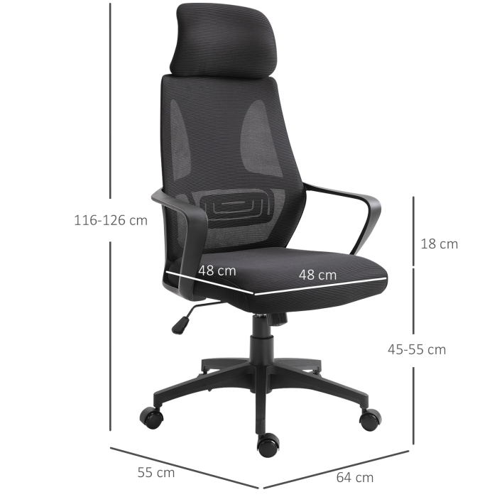  Scaun de Birou Rabatabil cu Tetiera si Suport Lombar, din Poliester, 64x55x116-126 cm, Negru [3]