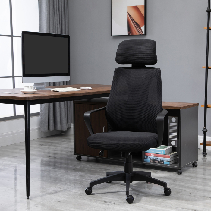  Scaun de Birou Rabatabil cu Tetiera si Suport Lombar, din Poliester, 64x55x116-126 cm, Negru [2]