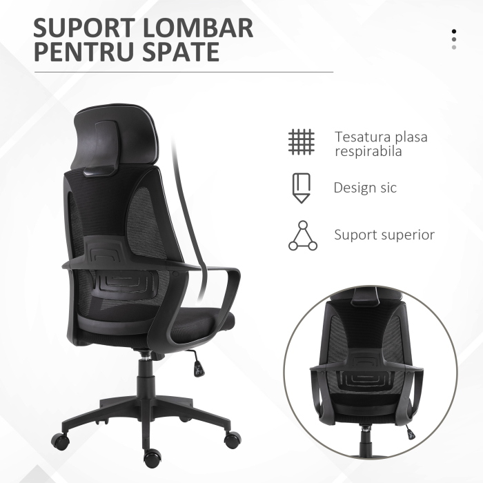 Scaun de Birou Rabatabil cu Tetiera si Suport Lombar, din Poliester, 64x55x116-126 cm, Negru [6]