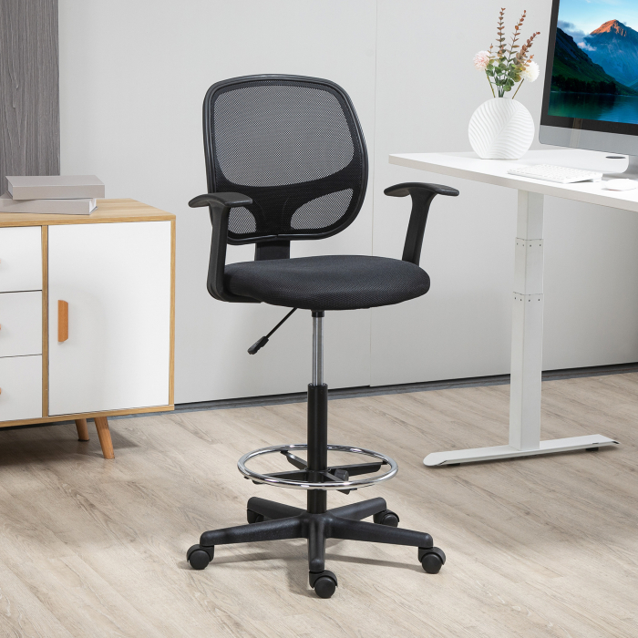  Scaun de birou reglabil pe inaltime cu cotiere, roti pivotante si scaun captusit cu cauciuc spuma, 60x56x110-132cm, negru [2]