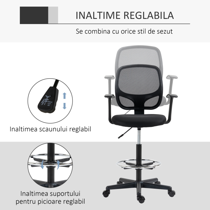  Scaun de birou reglabil pe inaltime cu cotiere, roti pivotante si scaun captusit cu cauciuc spuma, 60x56x110-132cm, negru [4]