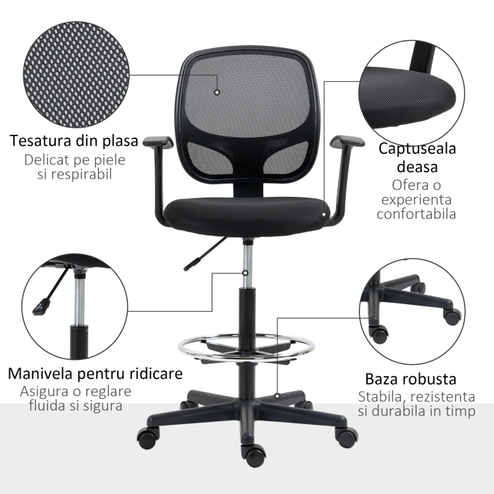  Scaun de birou reglabil pe inaltime cu cotiere, roti pivotante si scaun captusit cu cauciuc spuma, 60x56x110-132cm, negru [7]