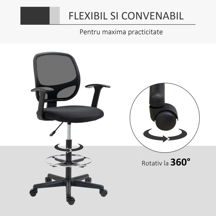  Scaun de birou reglabil pe inaltime cu cotiere, roti pivotante si scaun captusit cu cauciuc spuma, 60x56x110-132cm, negru [6]