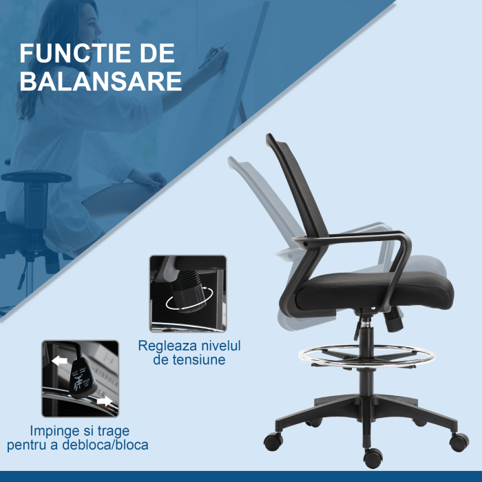 Scaun de Birou Reglabil pe inaltime cu Suport pentru Picioare, Negru [5]
