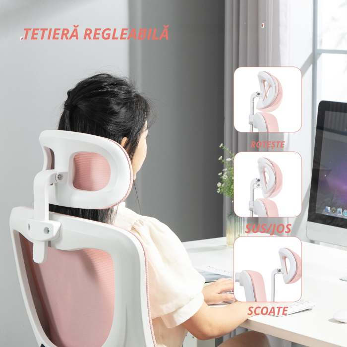  Scaun de Birou Reglabil si Reclinabil cu Tetiera Detasabila, din tesatura cu Plasa, 60x59x114-122 cm, Roz [4]