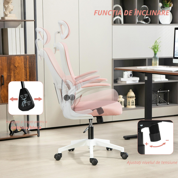  Scaun de Birou Reglabil si Reclinabil cu Tetiera Detasabila, din tesatura cu Plasa, 60x59x114-122 cm, Roz [6]