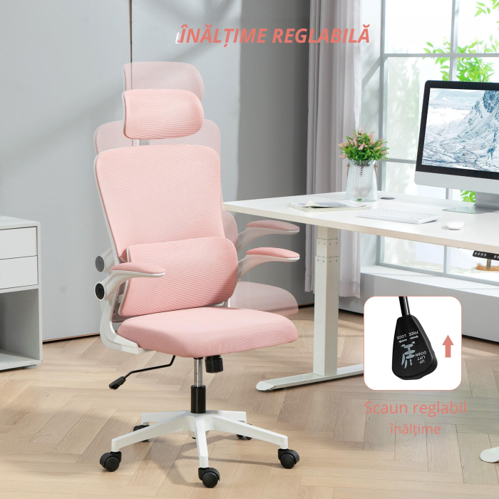  Scaun de Birou Reglabil si Reclinabil cu Tetiera Detasabila, din tesatura cu Plasa, 60x59x114-122 cm, Roz [7]