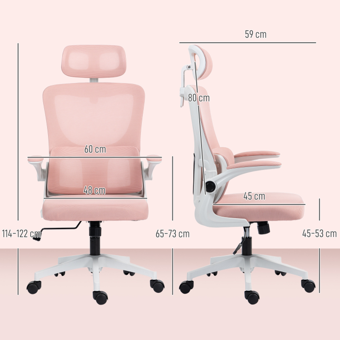  Scaun de Birou Reglabil si Reclinabil cu Tetiera Detasabila, din tesatura cu Plasa, 60x59x114-122 cm, Roz [3]