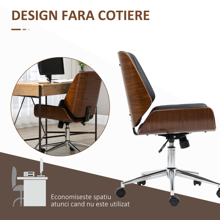  Scaun de Birou Vintage Tapitat, din Piele Ecologica, Lemn si Otel, 53x60x86-96 cm, Negru si Maro inchis [6]