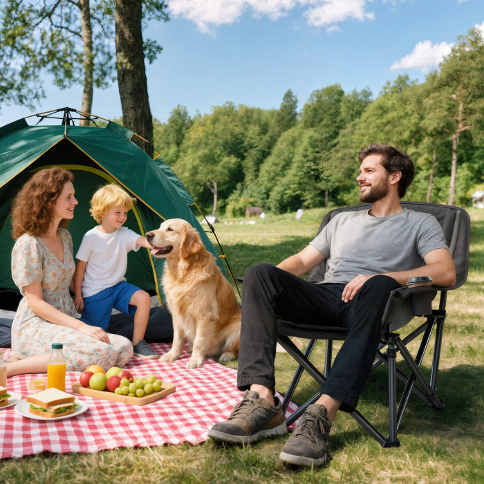  Scaun de Camping Pliabil cu 2 Suporturi pentru Pahare si Buzunare Laterale, 99x71x103 cm, Gri [2]