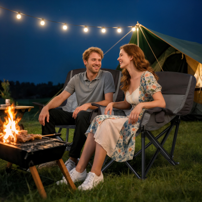  Scaun de Camping Pliabil cu 2 Suporturi pentru Pahare si Buzunare Laterale, 99x71x103 cm, Gri [9]