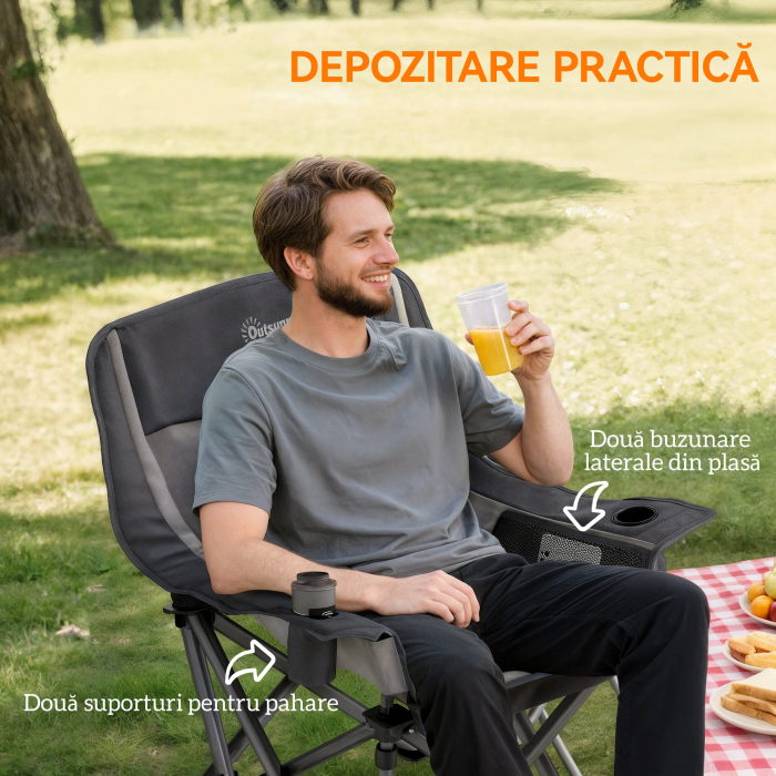  Scaun de Camping Pliabil cu 2 Suporturi pentru Pahare si Buzunare Laterale, 99x71x103 cm, Gri [6]