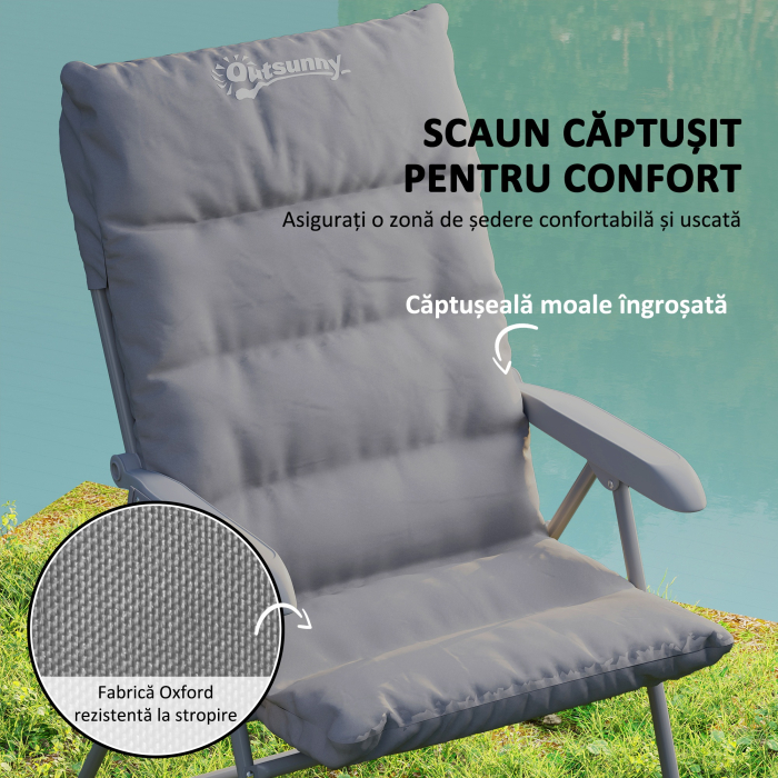  Scaun de Camping Pliabil cu Spatar inalt Reglabil in 5 Pozitii si Buzunare Laterale, 66x58x105 cm, Gri Deschis [5]