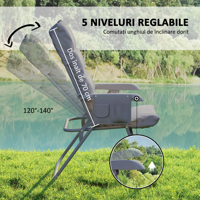  Scaun de Camping Pliabil cu Spatar inalt Reglabil in 5 Pozitii si Buzunare Laterale, 66x58x105 cm, Gri Deschis [4]