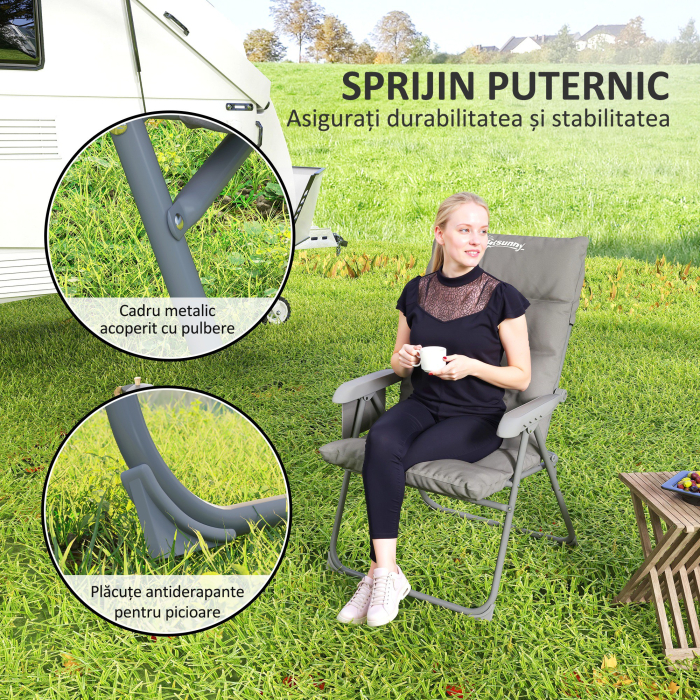  Scaun de Camping Pliabil cu Spatar inalt Reglabil in 5 Pozitii si Buzunare Laterale, 66x58x105 cm, Gri Deschis [6]