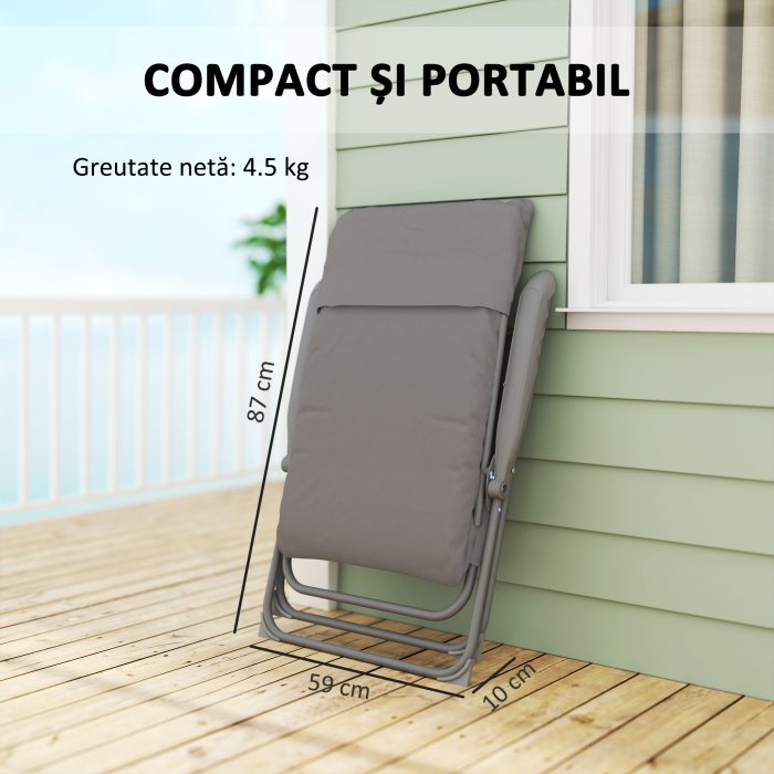  Scaun de Camping Pliabil cu Spatar inalt Reglabil in 5 Pozitii si Buzunare Laterale, 66x58x105 cm, Gri Deschis [8]