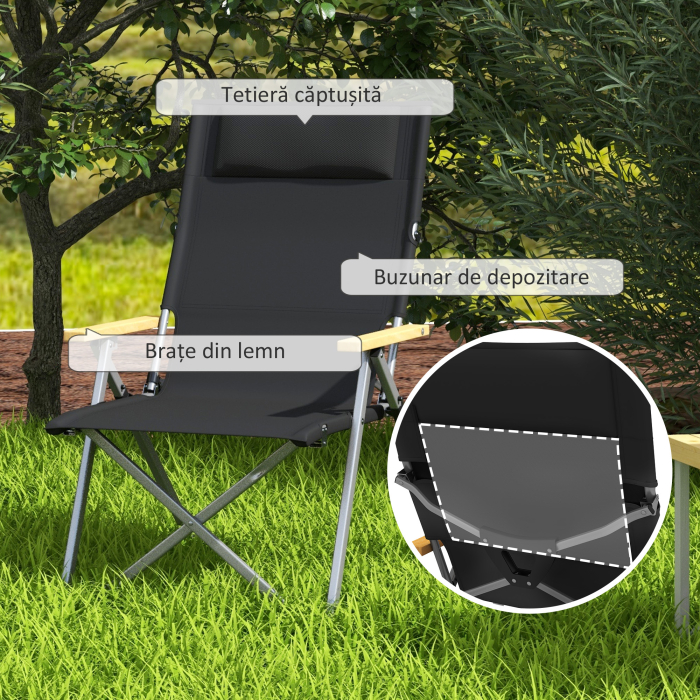  Scaun de Camping Pliabil cu Spatar Reglabil, Negru [5]