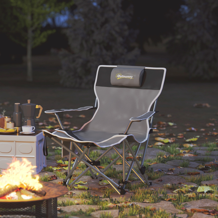  Scaun de Camping Pliabil si Rabatabil cu Suport pentru Picioare Detasabil si Tetiera, 82x50/100x88 cm, Negru [9]