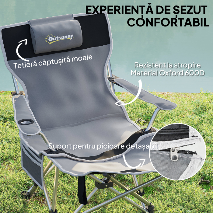  Scaun de Camping Pliabil si Rabatabil cu Suport pentru Picioare Detasabil si Tetiera, 82x50/100x88 cm, Negru [4]