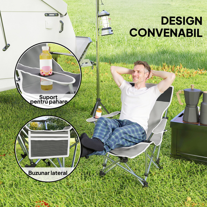  Scaun de Camping Pliabil si Rabatabil cu Suport pentru Picioare Detasabil si Tetiera, 82x50/100x88 cm, Negru [5]